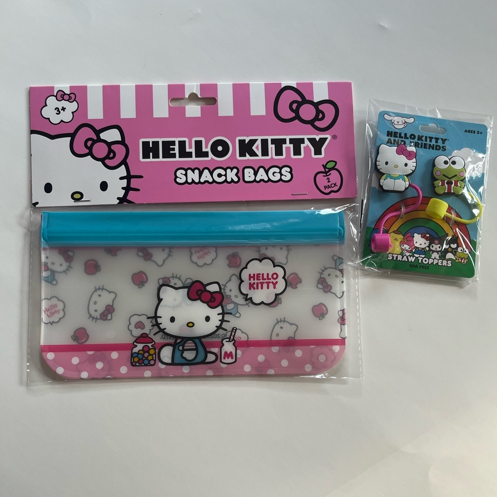 Hello Kitty Snack Bag Set - Pink, Teal & White & Straw cover set